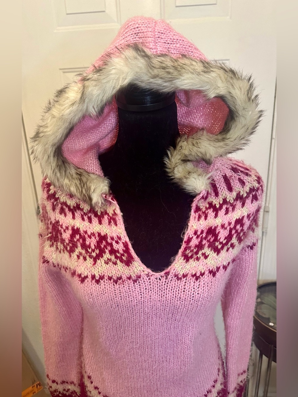 Mudd Pink Hooded V-Neck Sweater with Faux-Fur Trim and Fair Isle Yoke